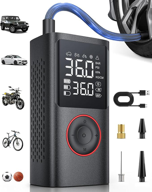 Tire Inflator Portable Air Compressor, 150 PSI Cordless Bike Pump, Air Pump for Auto, Motorcycle, Bicycle, Balls with Pressure Gauge, LED Light & Car Accessories, Black, Medium
