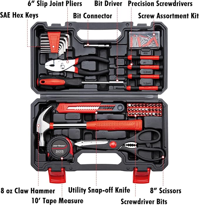 CARTMAN 126-Piece Home Tool Set Kit, Basic Household Hand Tools with Storage Case, Red