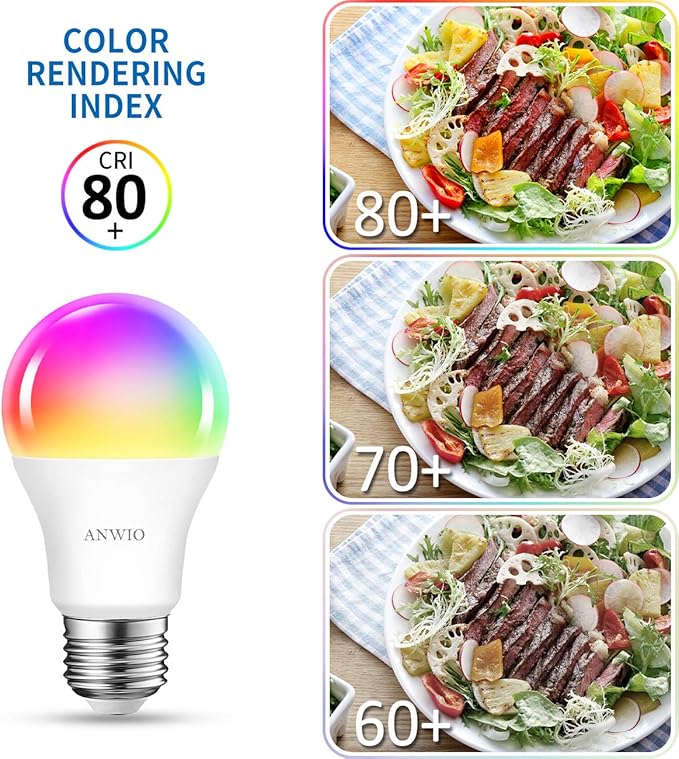 ANWIO 2-Pack Smart Light Bulbs 8.5W (60W Replacement) A19 E26 LED Bulb Work with Alexa, Google Assistant, Smart Life App, Tuya App, Color Changing, No Hub Required