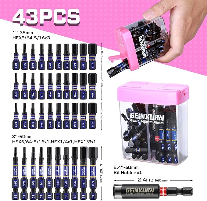 Impact SAE Hex Screwdriver Bits Set,43 Pcs(5/64"-5/16") Magnetic 1"& 2" Long S2 Steel Multi Hex Driver Bits with Magnetic Bit Holder Storage Colorful Box