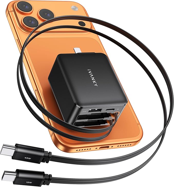 iVANKY Smallest 4-in-1 Retractable GaN Wall Charger for iPhone 17 Air, 45W USB C Charger Block with Dual USB C Cables, Fast Charging 4-Port Adapter for 16/15/14 Pro Max, AirPods Pro 2/3, Samsung