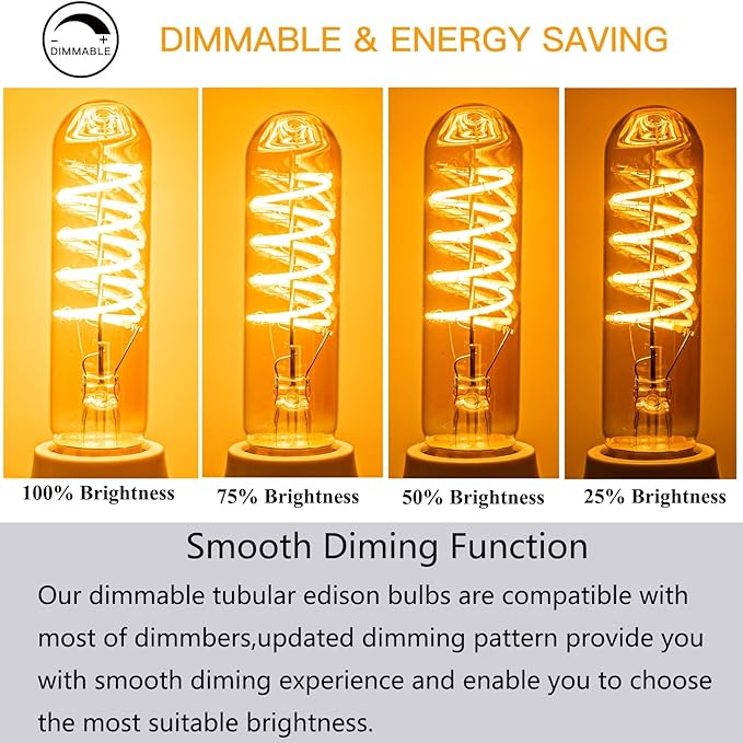 T10 LED Bulbs 40 Watt Equivalent 4W Dimmable Edison Tubular Light Bulb E26 Medium Base 2700K Warm White, T10 Vintage Amber Glass Spiral Filament LED Light Bulb, 2 Pack