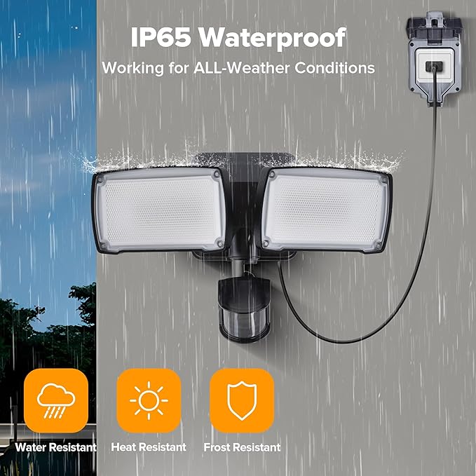 LUTEC 21W Plug in Motion Sensor Light Outdoor, Flood Lights Outdoor Motion Sensor,2500LM, 5000K Daylight,IP65 Waterproof,Adjustable 2 Heads Wall Light for Garage, Porch, Yard - Black