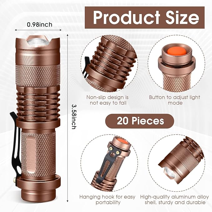 Fumete 20 Pieces LED Flashlight Mini 3 Mode Tactical Torch Small Water Resistant Pocket Flash Light Adjustable Focus Light Pen for Men, Father, Indoor Outdoor Hiking(Brown)