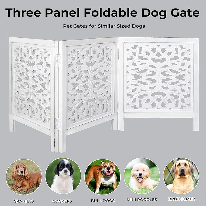 Foldable Wooden Dog Gate for Doorways, 3-Panel Freestanding Indoor Fence, Decorative Extra Wide Barrier for Home,Pet Gate White – Stylish, Portable, No Installation Needed