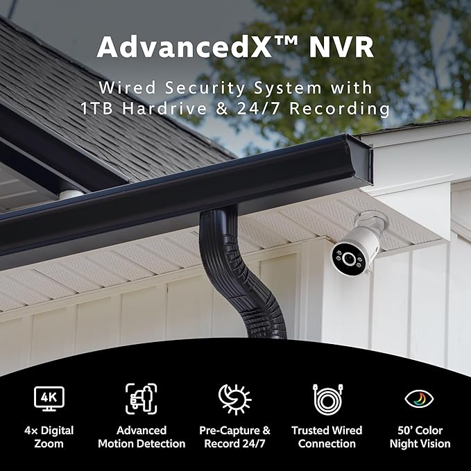 Swann AdvancedX Wired NVR 4K Security Camera System, 8 Channels, 8 PoE Cameras Outdoor, 1TB HDD Storage, Color Night Vision, Smart AI Video Analytics/Alerts, Advanced Motion Detection, 24/7 Recording