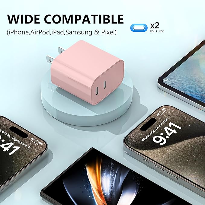 20W USB C Charger Block,3-Pack Type C Charging Block,Dual Port USB C Wall Charger Plug for iPhone 16/15/14/13/12/11/ Pro Max/Plus/Xs Max/XR/X,iPad Pro (Pink)