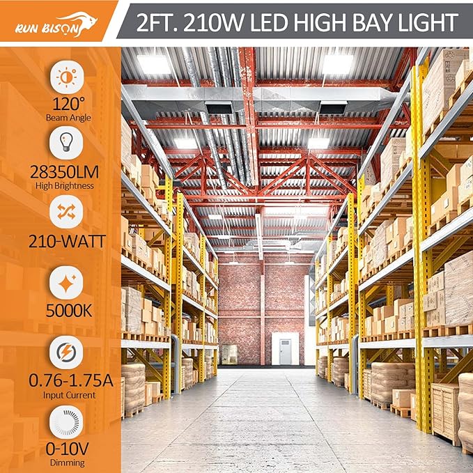 2FT LED Linear High Bay Shop Light, 210W High Bay Work Light Fixture, 28350LM, 120-277V, 5000K Daylight Linear Hanging Lighting for Garage, Warehouse and More, UL&DLC Listed - 4PK