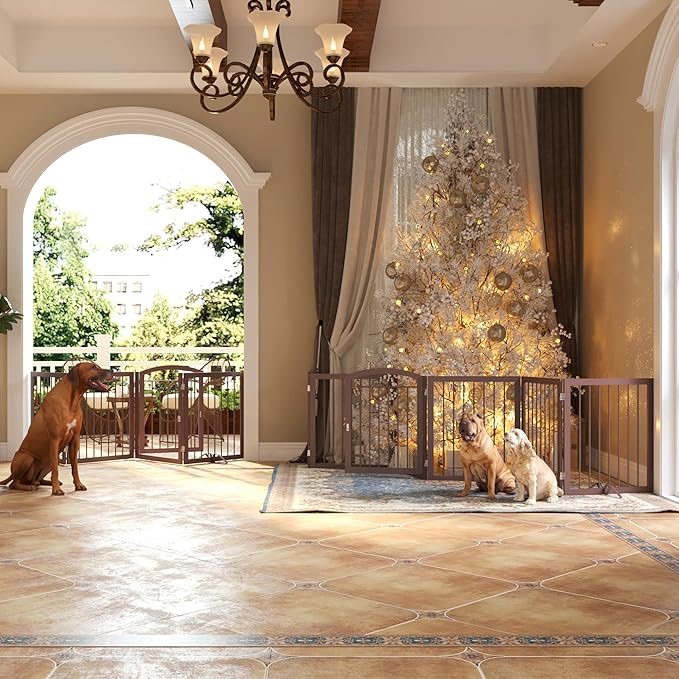 JSB 144-inch Extra Wide 30-inch Tall Dog gate with Door Walk Through, Freestanding Round Tube Pet Gate for Halls Stairs, Puppy Safety Dog Fence with 2PCS Support Feet (Espresso)