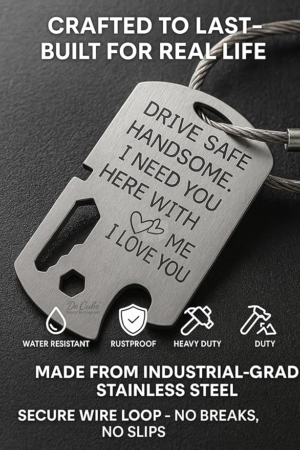 Drive Safe Handsome Keychain Multi Tool | 6-in-1 Stainless Steel EDC Gift for Him | Wrench, Ruler, Bit Driver, Bottle Opener, Wire Stripper & Bender