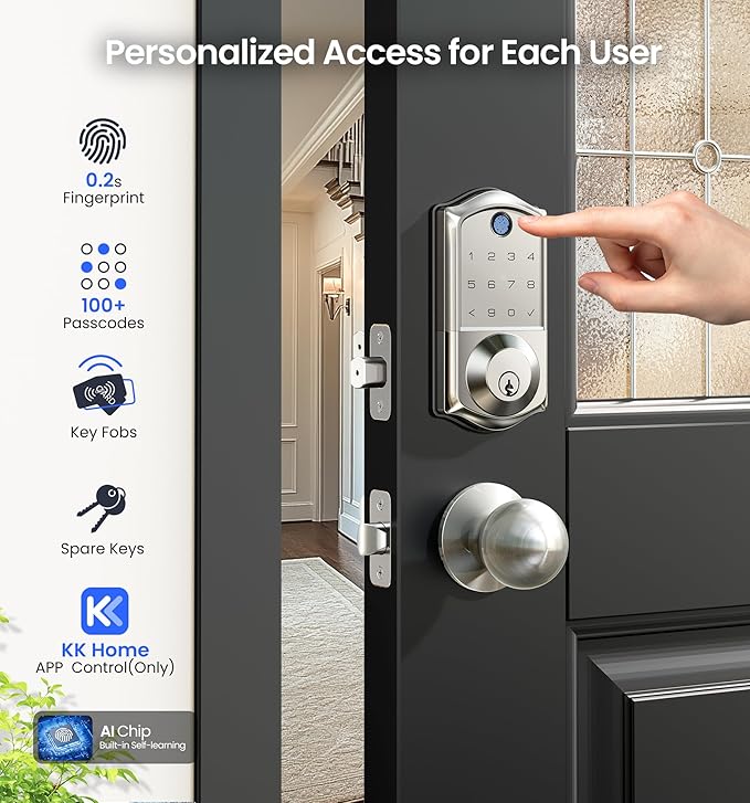 Veise VE017 Fingerprint Smart Door Lock, App Control, 7-in-1 Keyless Entry, Auto Lock, Emergency Power Port, Electronic Touchscreen Keypad, Biometric Smart Locks for Front Door, Satin Nickel