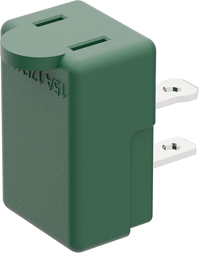 2 Prong 90 Degree AC Adapter, Plugrand NEMA 1-15P to 1-15R Left Angled Adapter, Polarized 2 Prong L Type Adapter, Vertical NEMA 2 Pin Power Adapter, PA-0506G Green Color