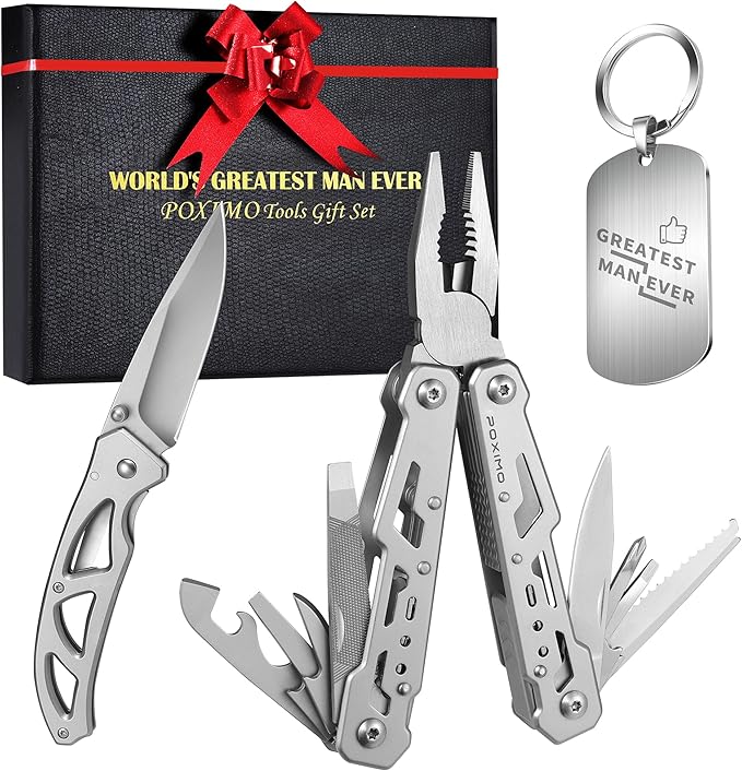 Multitools Gift Set for Men, 14-in-1 Multi-tool Pliers & Folding Knife Set with Keychain Tag, 3-Piece EDC Kit for Camping, Hiking - Premium Gift Box for Birthday, Christmas, Father’s Day