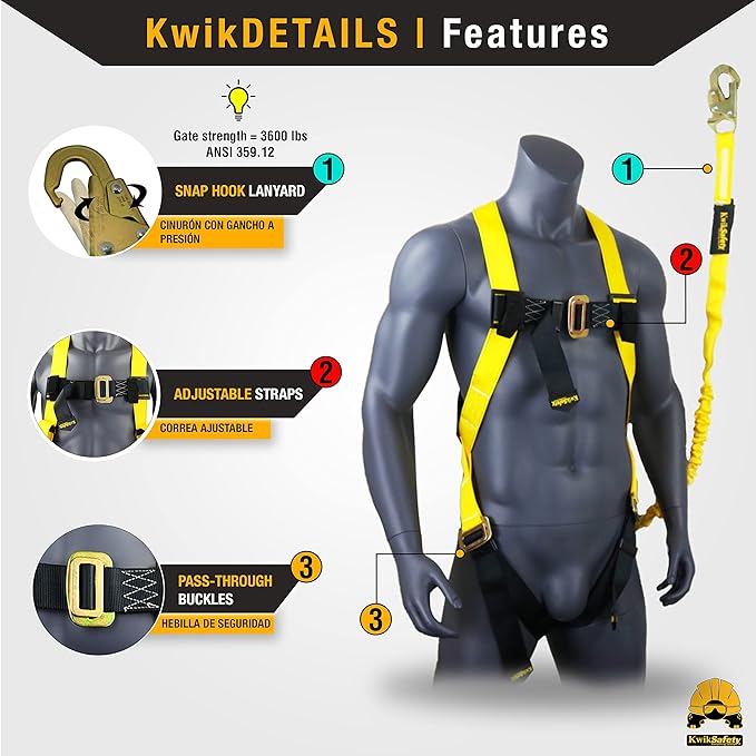 KwikSafety - Charlotte, NC - Cobra 30' Bundle [Cable Self Retracting Lifeline + 3FT Cross Arm Strap + Roof Anchor + 3 D-Ring Safety Harness] ANSI OSHA Class 1 Retractable SRL Fall Arrest PPE
