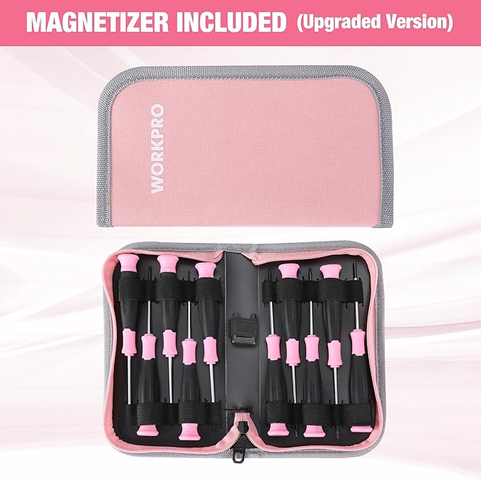 WORKPRO 10-Piece Precision Screwdriver Set with Pink Pouch, Phillips, Slotted, Torx Star, Magnetic Tip Small Screwdriver Repair Kit, for Eyeglass, Watch, Computer, Laptop and Phone - Pink Ribbon