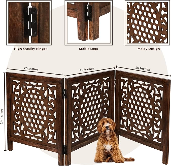 Wooden Freestanding Foldable Dog Gate – 3 Panels, Extra Wide, 24'' Height, Decorative Pet Gate for Doorways, Natural Bedding Cratf