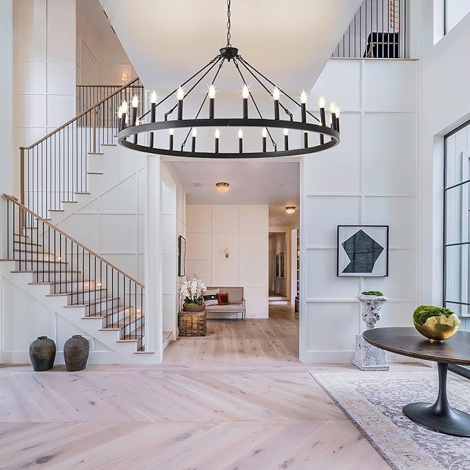 53 Inch Large Black Farmhouse Wagon Wheel Chandelier,24-Light Round Industrial Pendant Light fixtures for Outdoor Porch high Ceilings Living Dining Room Foyer Entryway