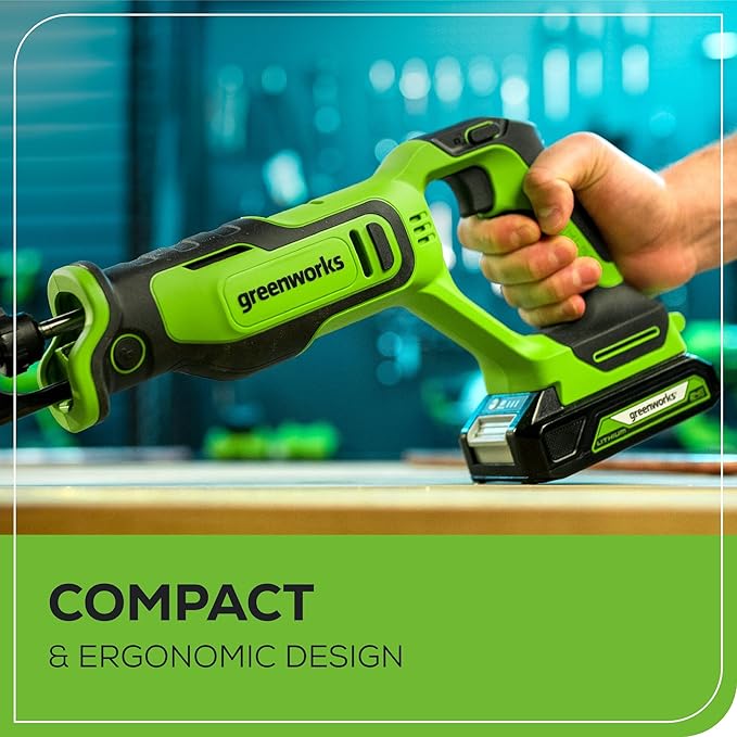 Greenworks 24V 4pcs Brushless Power Tool Combo Kit, 530 in-lbs 1/2" Drill Driver, 1950 in-lbs 1/4" Impact Driver,3000 SPM Reciprocating Saw,200 lumens Flashlight,2 * 2Ah Battery and Fast Charger