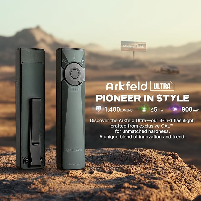 OLIGHT Arkfeld Ultra 1400 Lumens EDC Flat Flashlight, Rechargeable Pocket Light with White LED, UV, and Green Beam (Olive Grey)