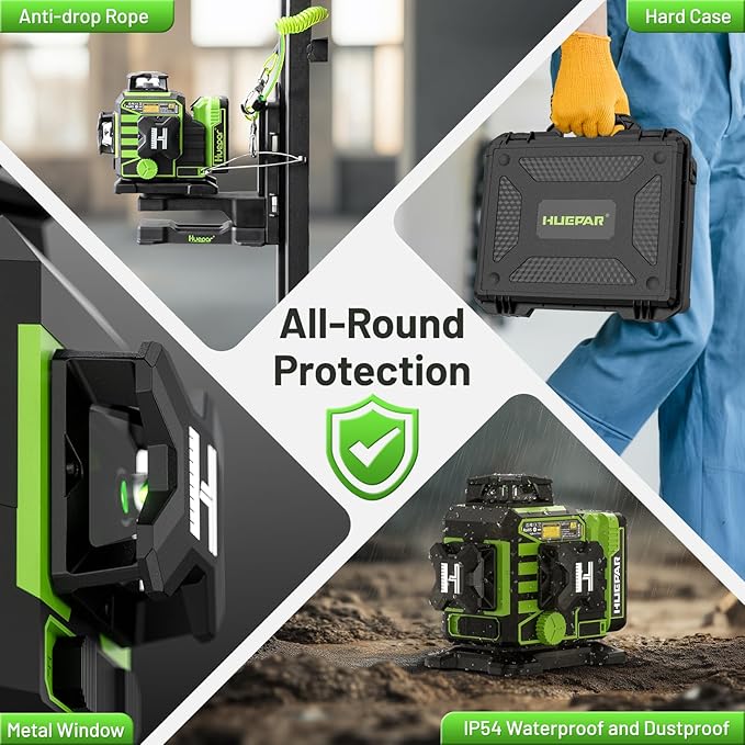 Huepar 2024 New Construction Laser Level 3x360 Self Leveling, 3D 12 Lines Bluetoothed Laser Level with Electric Rotating Base ＆ Large LCD Screen, 3 Planes Green Cross Lazer Leveler Tool W03CG