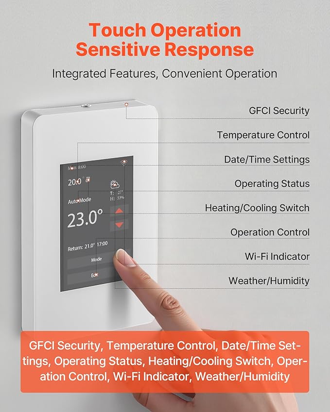 VEVOR 7-Day Programmable Thermostat, Home Thermostats for Radiant Underfloor Heating Cable,Heat Pump with GFCI & Sensitive Sensor,TFT Color Display Touchscreen,Efficient,Gray-White (Without WiFi)