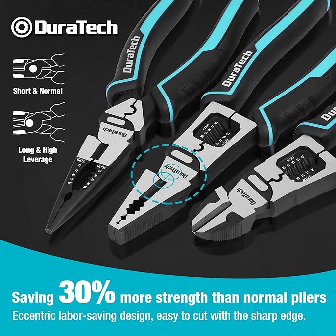 DURATECH 3PCS Pliers Set, Large 6 in 1 Multifunctional Wire Stripper Crimper Cutter, 8.5" Long Nose Pliers, 8.5" Linesman Pliers, 8" Diagonal Side Cutting