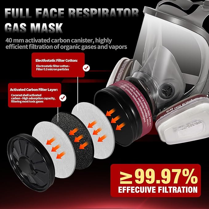Gas Masks Survival Nuclear and Chemical - Reusable Full Face Respirator with Activated Carbon 40mm Filter, for Painting Welding Chemical Protection Mold Dust Epoxy Resin Woodworking 6800