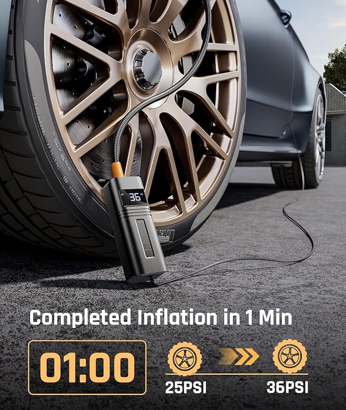Tire Inflator Portable Air Compressor Car Tires, 38L/min Fast Inflate, 12V DC Air pump for Car Tires, Powerful & Small, Car Tire Pump LED Light - Only Compatible with Car Cigarette Lighter