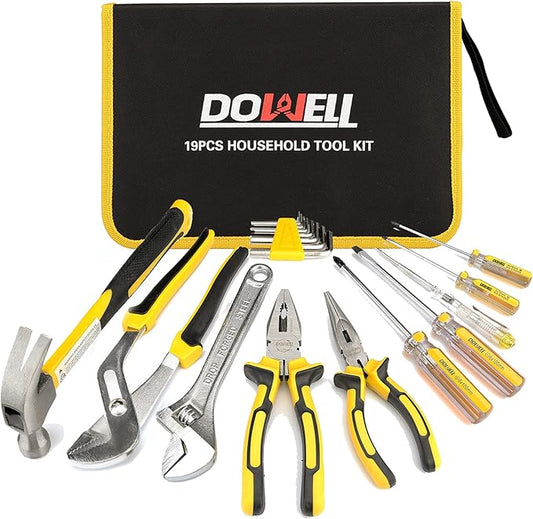 DOWELL Tool Set Tool Kit 19-Piece Household Tool Kit Set Pliers Screwdriver Set Hex Key Wrench with Storage Tool Bag Pouch HYT19