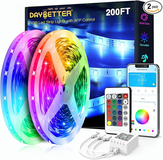 DAYBETTER LED Strip Lights 200ft (2 Rolls of 100ft), Color Changing Lights Strip for Bedroom, Desk, Indoor, Room Bedroom, Girl Boy Brithday Gifts RGB Decor with Remote and 24V Power Supply