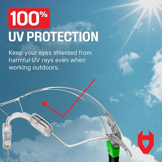 NoCry Safety Glasses with Clear Anti Fog Scratch Resistant Wrap-Around Lenses and No-Slip Grips, UV Protection. Adjustable, Black & Green Frames (10 pack)