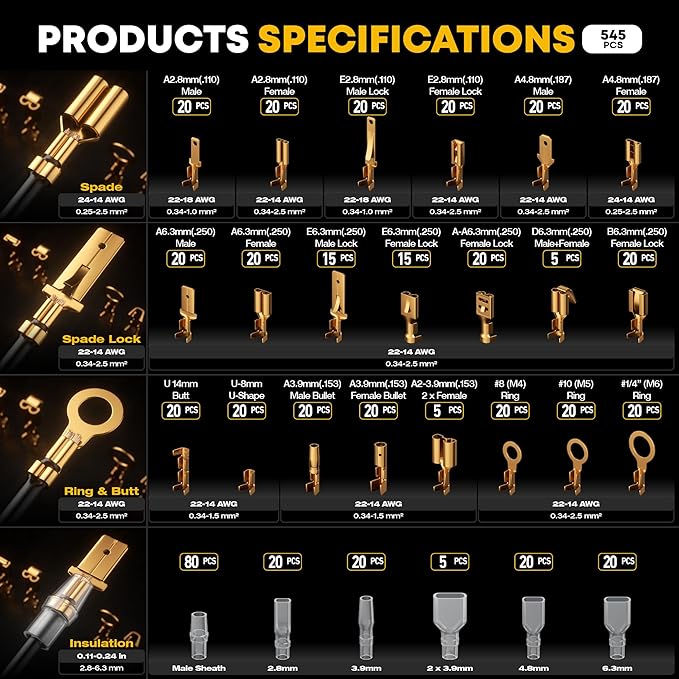 Spade Connector Kit, 21 Types Wire Connectors Kit with Crimping Tool for 24-14 AWG Spade Connector Crimper, Wire Terminal Crimping Tool, Open Terminal Crimping Tool Kit