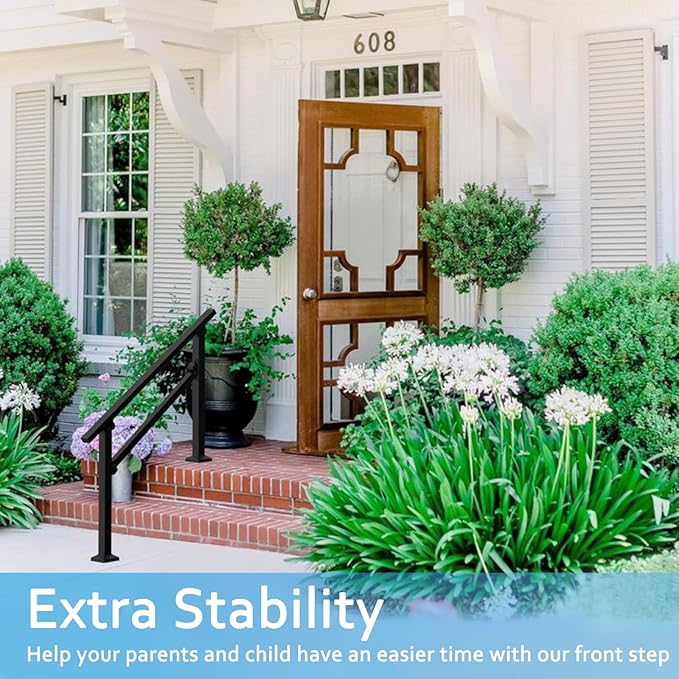 Wrought Iron Handrails for Outdoor Steps - Exterior Hand Rails for Concrete Steps Outside Metal Stair Railing Porch 3 Step