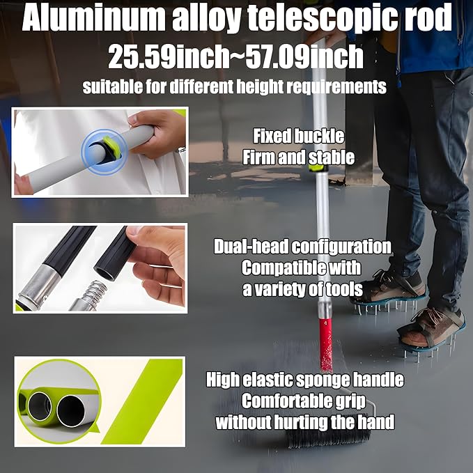 Self Leveling Cement Tool Kit,Epoxy Flooring Tool Kit,Self-Leveling Rake,Spike Shoes for Epoxy Flooring,Floor Leveling Tools,Spike Roller for Self-Leveling,23.62~55.12 inch Telescopic Pole