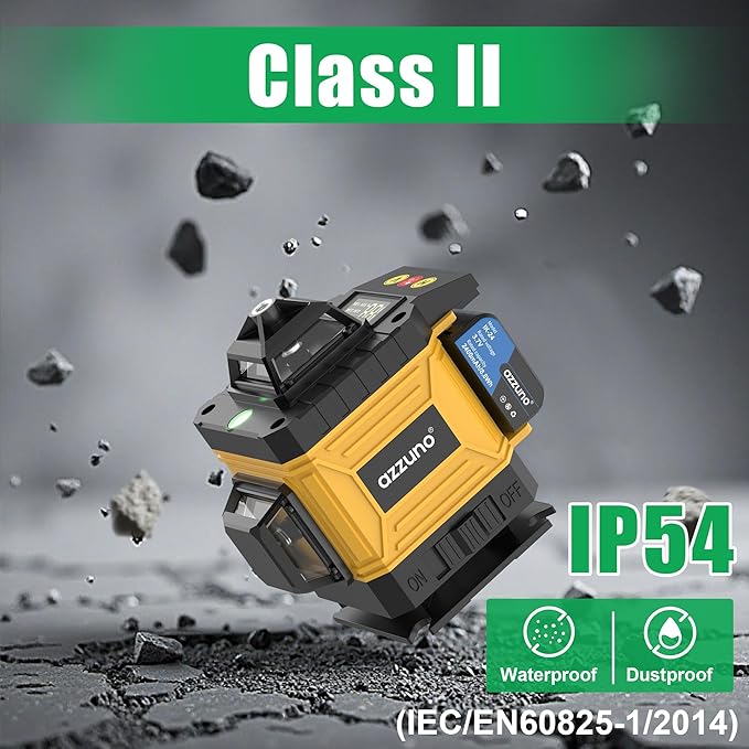 AZZUNO Laser Level 360 Self Leveling Green Beam with LCD Screen, 4x360 lazer leveler tool, Rechargeable Battery & Magnetic Base - Ideal for Construction, Tiling,yellow