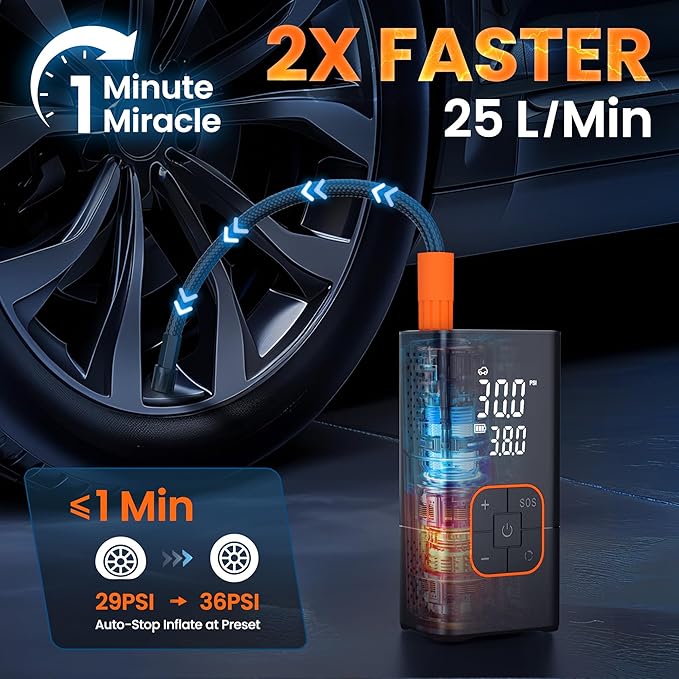 Tire Inflator Portable Air Compressor, 150PSI Bike Pump with Tire Pressure Gauge, LED Lights & Car Accessories, Cordless Air Pump for Car Tires, Bike, Motorcycle, Ball(Tangerine)