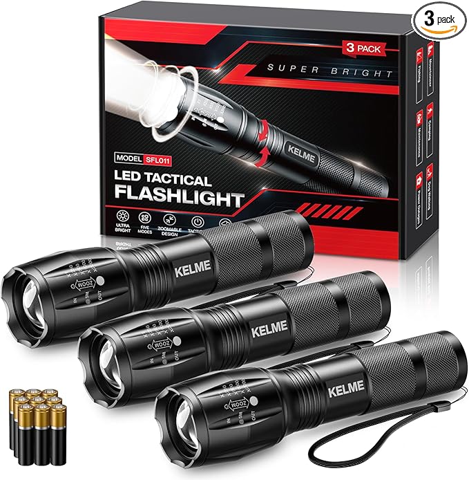 KELME 3 Pack Flashlights High Lumens, Powerful Tactical Flashlights with 5 Modes, Zoomable Small LED Flashlight Waterproof Handheld Flash Light for Home Emergencies Camping Hiking (Battery Included)
