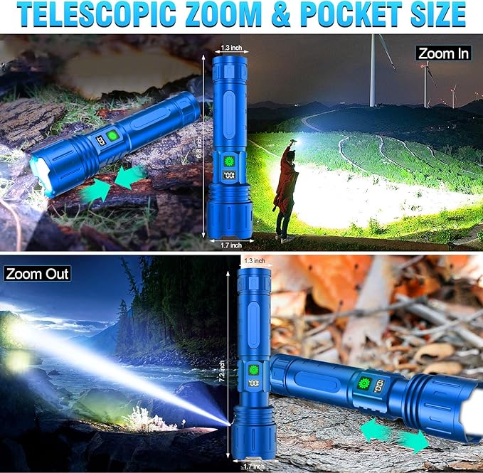 Flashlights High Lumens Rechargeable - 1500 Meters Long Beam Super Bright LED Flash Light with Power Display & IPX5 Waterproof for Camping, 20H Runtime,5 Modes,Zoomable Handheld Flashlight-Blue