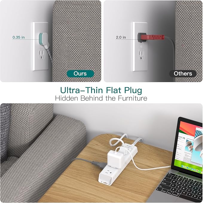 6Ft Extension Cord - Surge Protector Power Strip, Addtam 12 Widely 3 Sides Outlet Extender, Flat Plug, Wall Mount, Desktop Charging Station for Home Office College Dorm Room Essentials