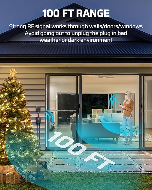 DEWENWILS Outdoor Wireless Remote Outlet, 2-in-1 Individual Control Sockets, 2 Independent Control Sockets Weatherproof Remote Control Switch, 15A Heavy Duty with 2 Remote for Lights, FCC Listed