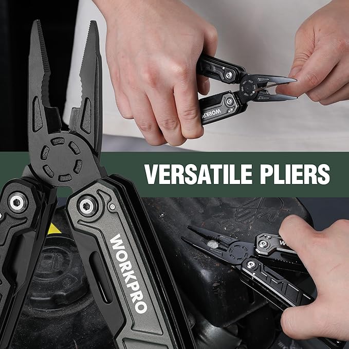 WORKPRO Multitool-11 in 1 Multitool Pliers with Pocket Clip and Sheath-EDC Multi Tool Knives with Safety Lock-Camping Tools Pocket Knife with Screwdriver Saw Blade Wire Cutter and Bottle Opener