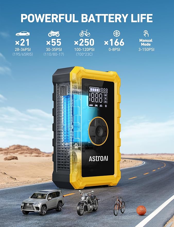 AstroAI S8 Air Jump Starter with Air Compressor, 1500A Car Battery Jumper Starter Portable (6.0 Gas/3.0L Diesel) with 150PSI Cordless Auto-Shutoff Tire Inflator, 12V Battery Charger Booster(Yellow)