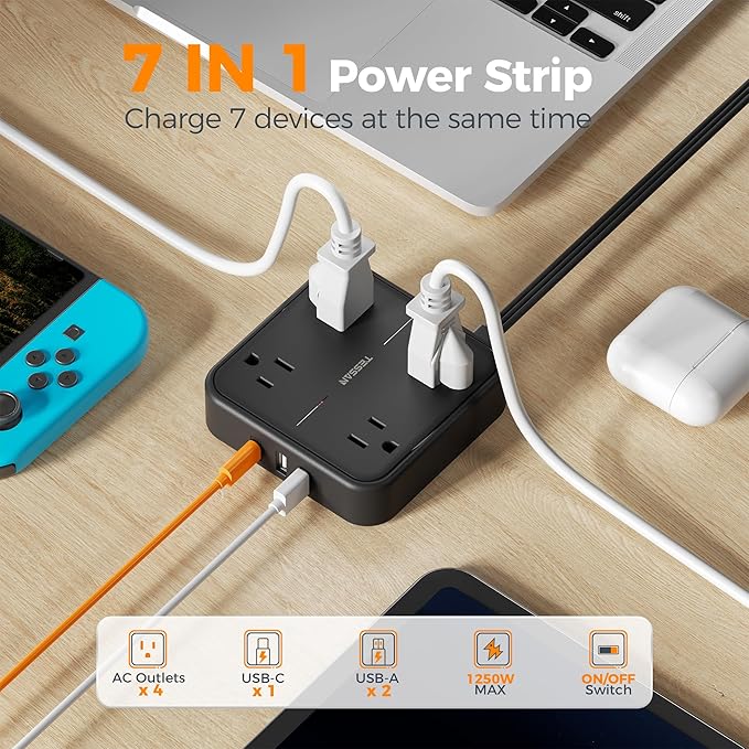 Surge Protector Flat Extension Cord 10FT, TESSAN Flat Plug Power Strip with 4 Outlets 3 USB Ports (1 USB C), 900 Joules Protection, Multiple Wall Outlet Extender Suitable for Home Office Dorm, Black