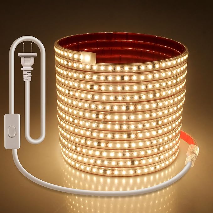 Self-Adhesive 20FT LED Strip Lights for Bedroom Warm White Waterproof Flexible LED Rope Light for Outside AC 110V-120V Switch Plug in 2835 120LED/M LED Tape Light for Bedroom Indoor Outdoor