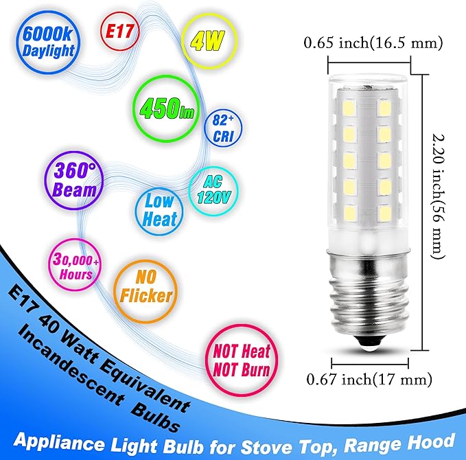E17 Stovetop Microwave Light Bulbs 4 Watt Equivalent 40 Watt 6000K Daylight White 120V LED Intermediate Base Light Bulb for Pendant Chandelier Ceiling Fan Range Hood,Non-Dimmable,450lm,5 Pack