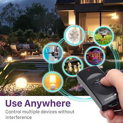 Fosmon Outdoor Indoor Remote Control Outlet with 2 Wireless Remotes, Electrical Plug in Light Switch Weatherproof, 15 A Heavy Duty 3-Prong Plugs Outlets for Outside Lighting, 100 FT Range- ETL Listed