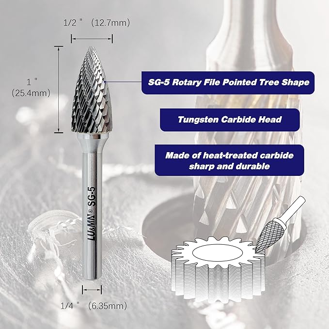 SG-5 Double Cut Tree Shape Tungsten Carbide Rotary Burr with 1/4" Shank for Die Grinder and Drill by LU&MN