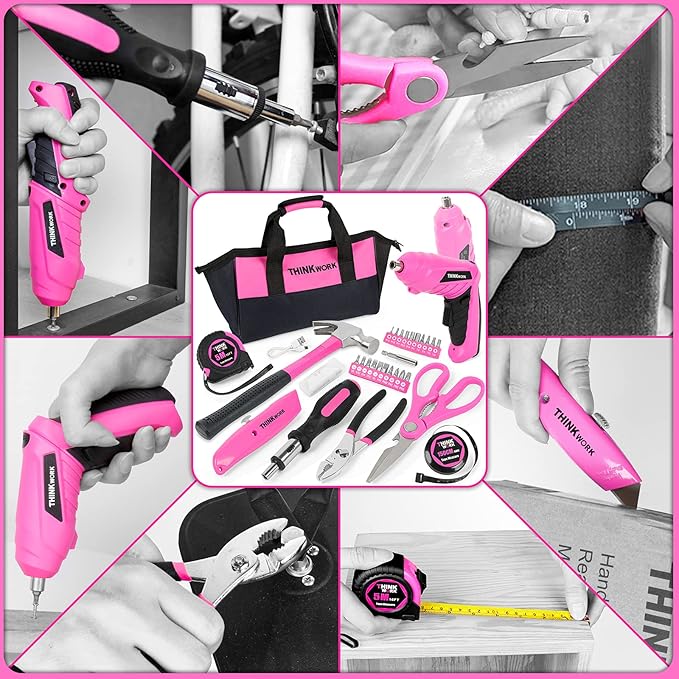 THINKWORK 41 Piece Pink Tool Set - Lady's Hand Tool Set with 3.6V Rotatable Electric Screwdriver, Home Repairing Tool Kit for Women with Large Mouth Open Tool Bag, Perfect for Home DIY, Daily Use