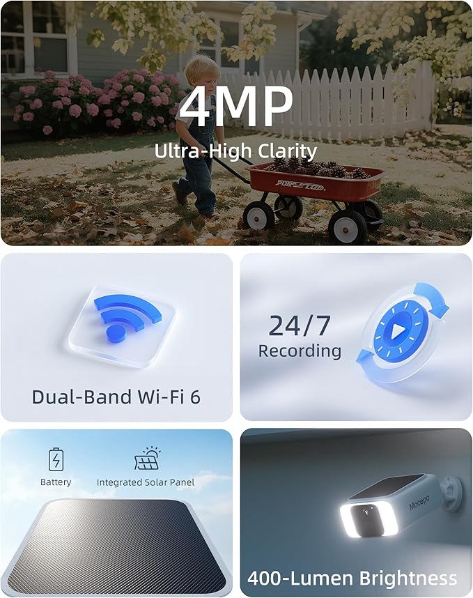 Solar Camera Outdoor Wireless 4MP -2.4G&5G WiFi Security Camera with Integrated Solar Panel, Color Night Vision, Compatible with Alexa