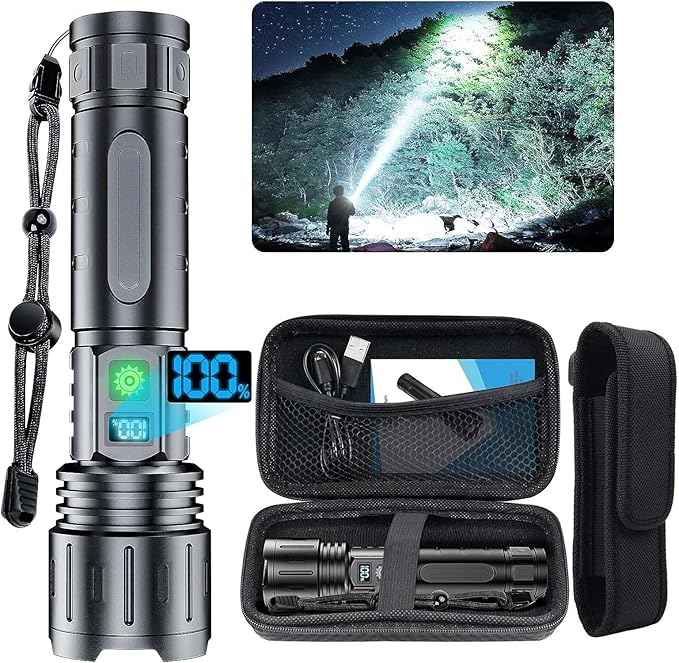 Flashlights 2000 High Lumens Rechargeable - 1500 Meters Long Beam Super Bright LED Flash Light with Power Display & IPX5 Waterproof for Camping, 20H Runtime,5 Modes,Zoomable with Belt Holsters